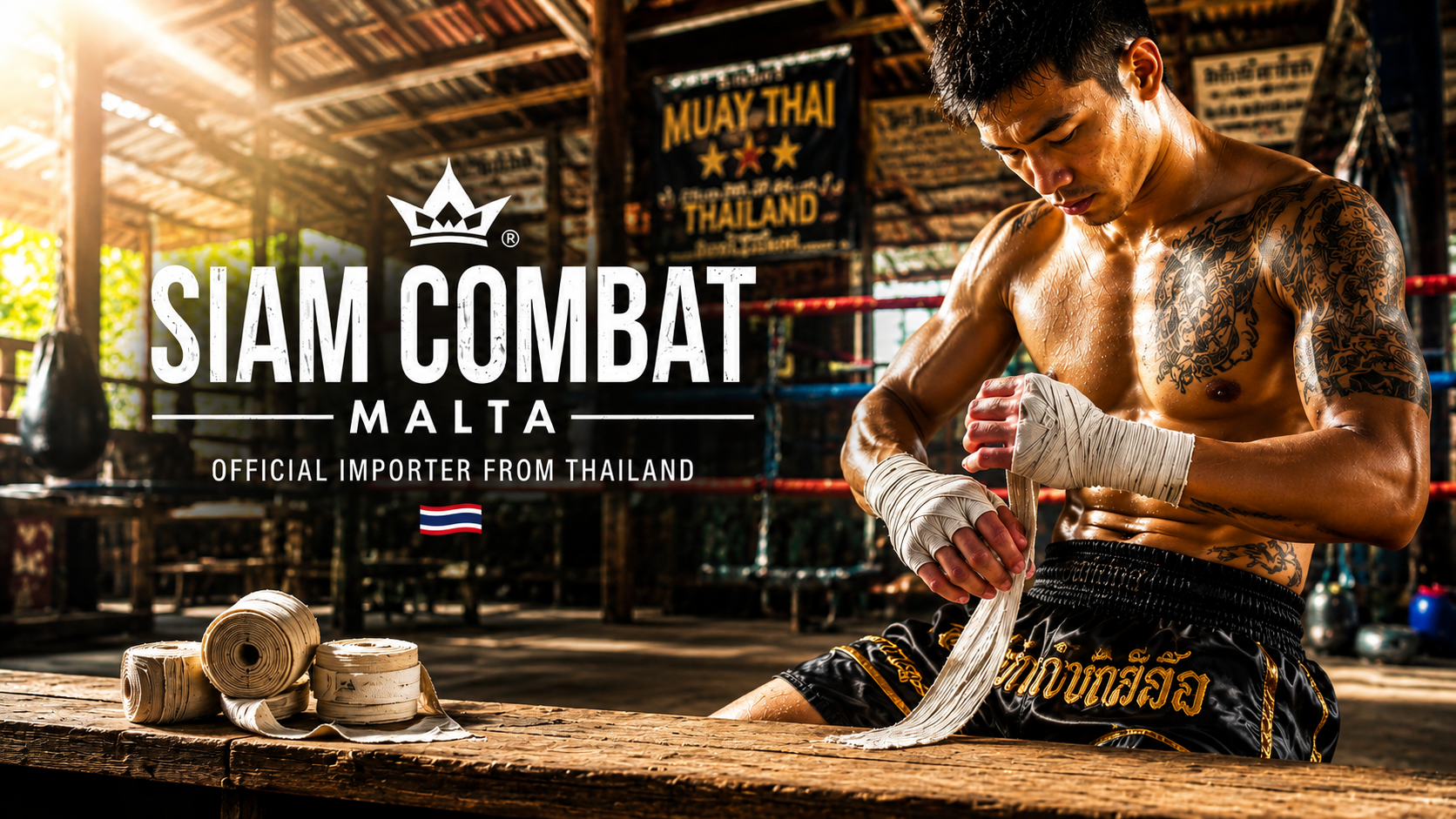 Man preparing for a fight with 'Siam Combat Malta' branding in the background